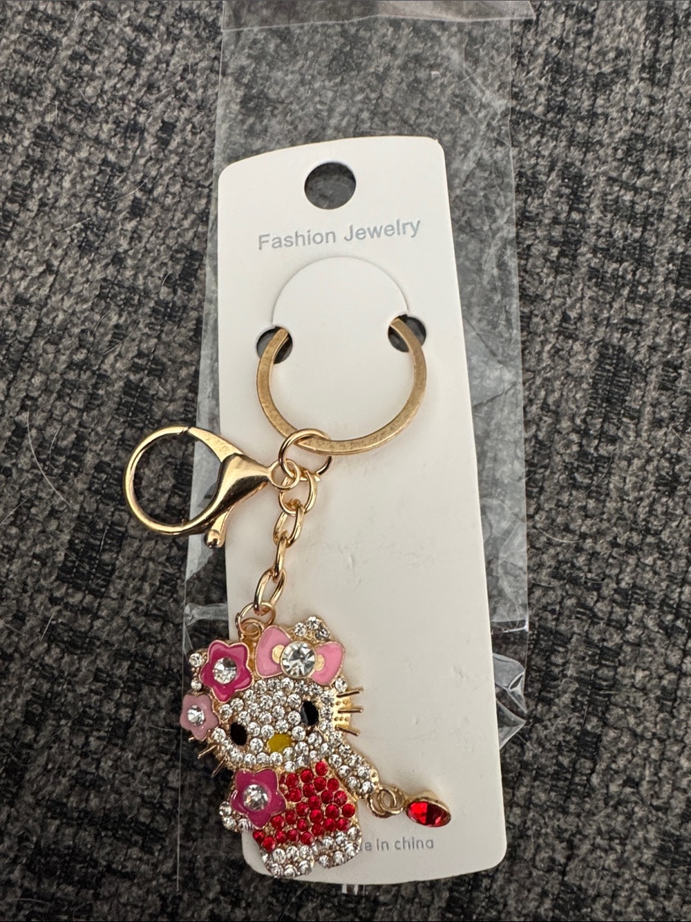 Gold and Pink Red Crystal Hello Kitty Keychain Bag Charm